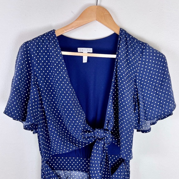 Leith Womens Tie Front Jumpsuit Small Navy Blue White Polka Dot Short Sleeve - Picture 5 of 9